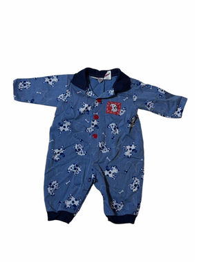 Vintage Small Steps Baby Romper Blue Dog Print One Piece 6 Months Button